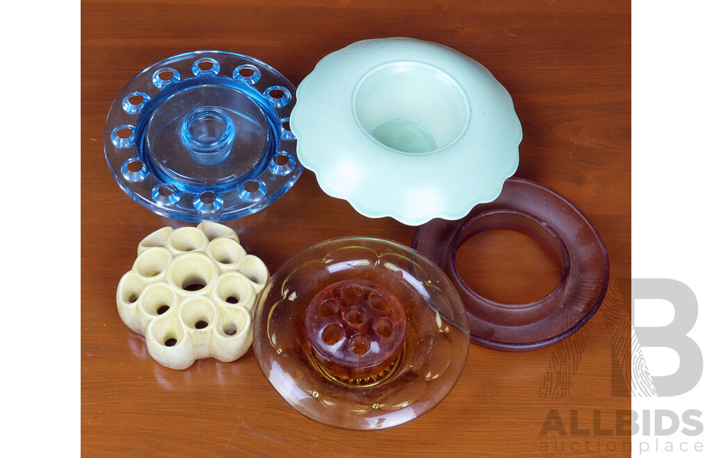 Collection Five Vase Frogs Including Blue Glass, Amber Glass Examples and More