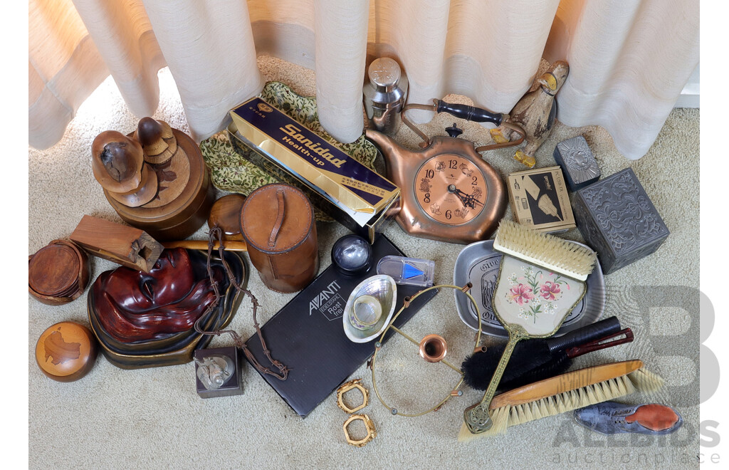 Collection Decorator Pieces Including Turned Wooden Trinket Boxes, Copper Kettle Form Clock and More