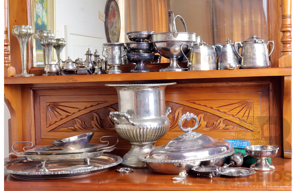 Large Collection Vintage Silver Plate Items Including Champagne Bucket, Platter, Vases and More
