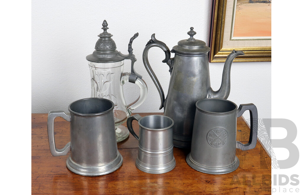 Collection Vintage Pewter Pieces Including James Dixon & Sons Sheffield Teapot, Three Tankards and More