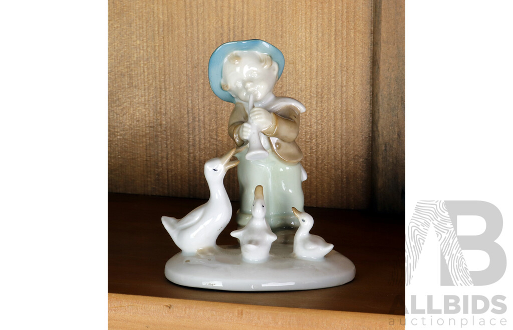 Vintage Continental Porcelain Figure of Youth Playing to Ducks, Marks to Base