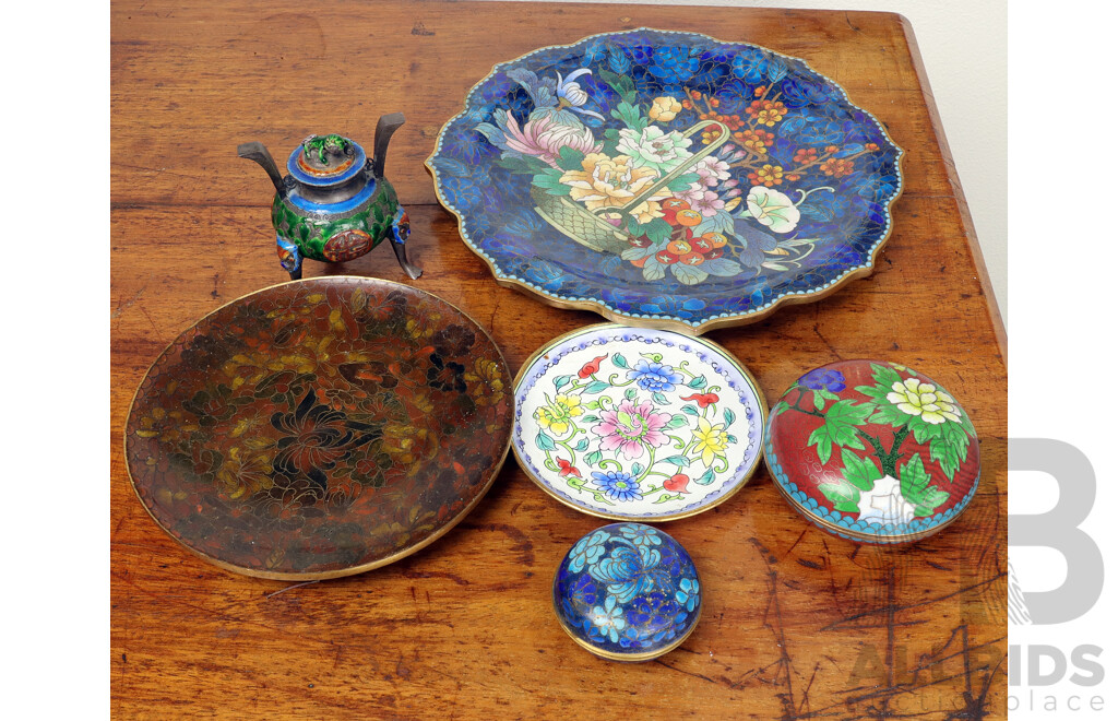 Collection Six Pieces Asian Cloisonne Including Two Lidded Round Containers