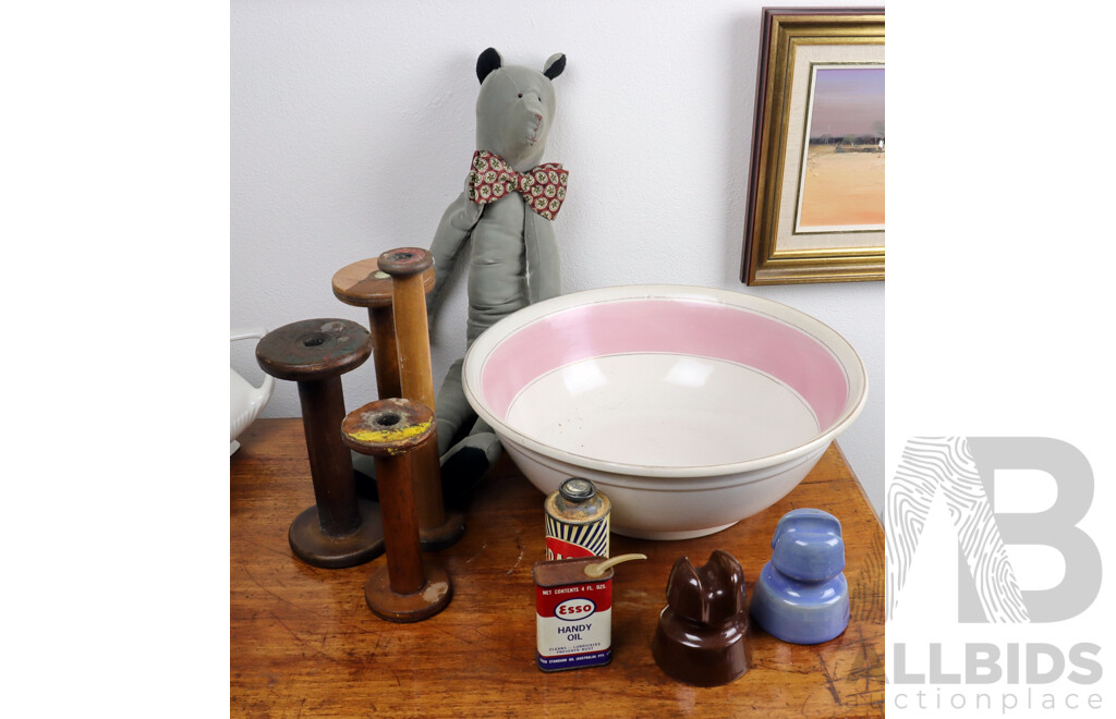 Collection Vintage Items Including Four Wooden Cotton Reels, Teddy Bear, Two Ceramic Insulators and More