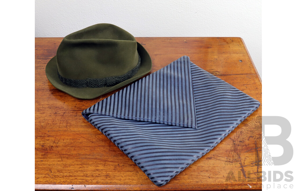 Vintage Akubra Executive Model Felt Hat Made for Myer Menswear Along with French Made Suede Bag