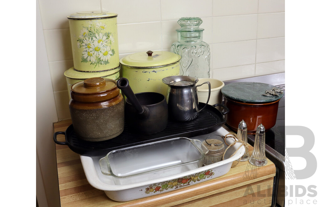 Collection Kitchen Items Including Three Graduating Tin Kitchen Canisters, Corningware La Romaine Baking Dish and More