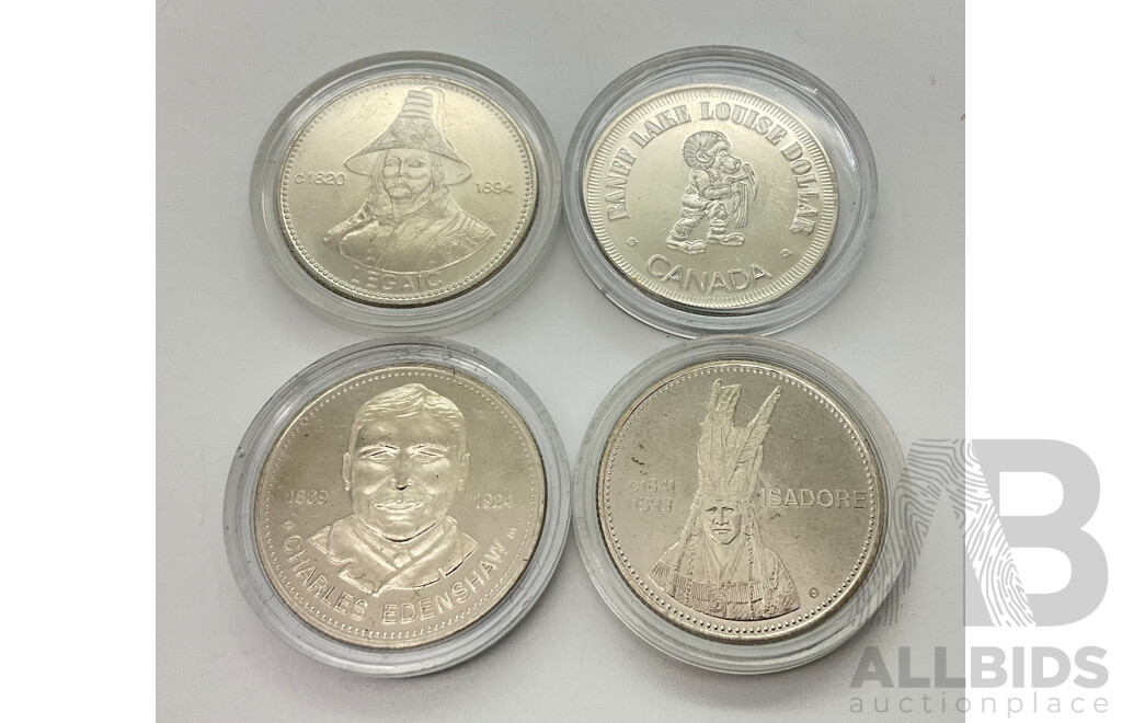 Four Commemorative British Columbia Coins Including 1982 Banff Lake Louise Dollar, 1977 Haida Charles Edenshaw Dollar, 1978 Legaic Tsimshian Dollar, 1978 Kootenay Dollar