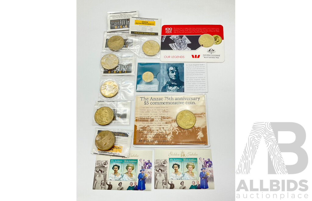 Collection of Seven Australian Five Dollar Coins, Two RAM Commemorative Carded Coins and QE2 Golden Jubilee Stamps