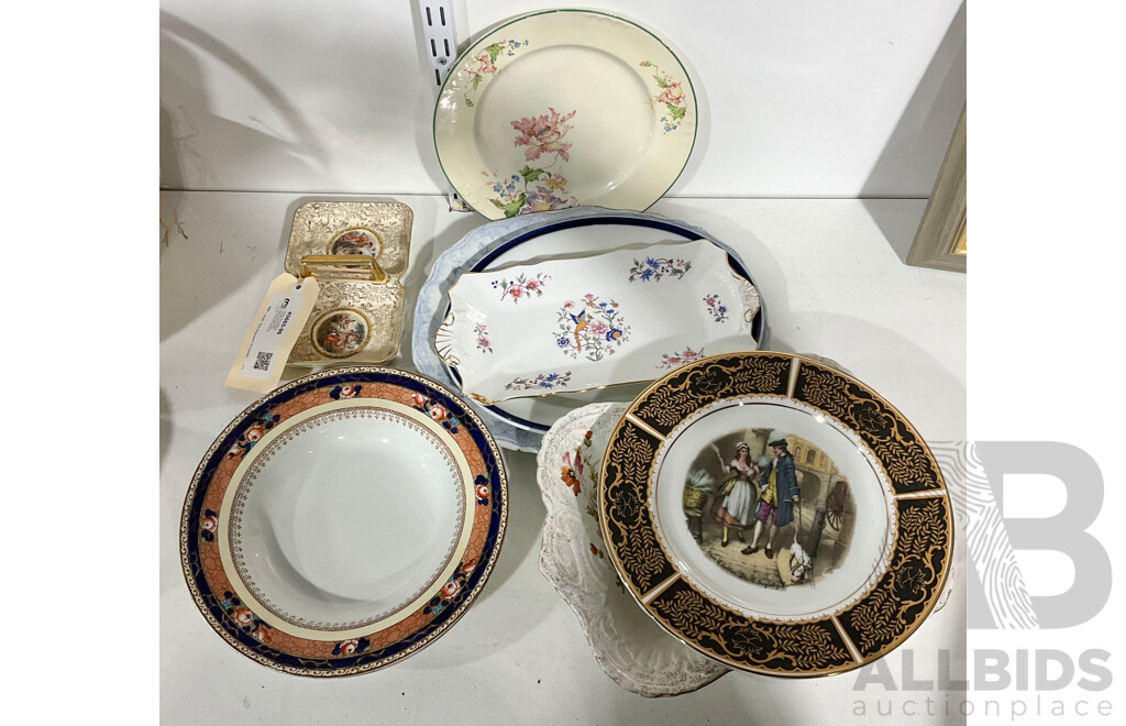 Collection Nine Antique and Vintage Porcelain Pieces Including Blue and White Wedgwood Platter, Empire Two Compartment Dish and  More