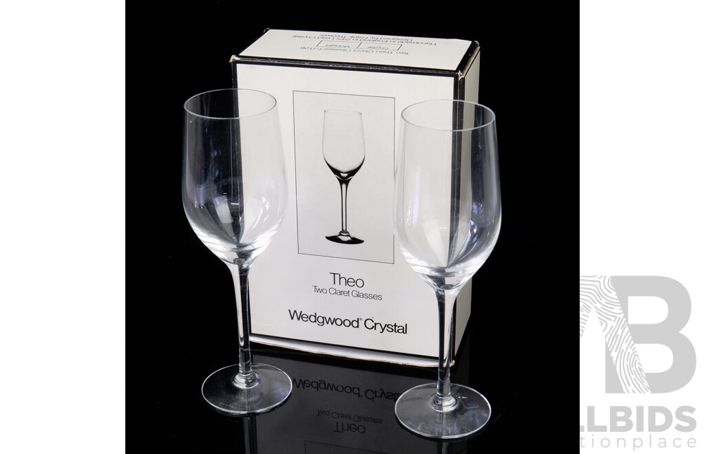 Set Two Wedgwood Crystal Claret Glasses in Theo Pattern in Original Box