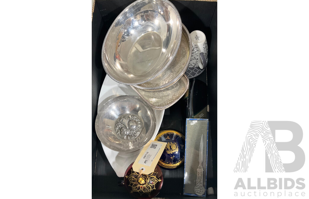 Collection Quality Items Including Antique Ruby Glass Lidded Mug, Maxwell & Williams Fish Form Platter, Blue Limoges Lidded Dish, Silver Plated Pieces and More