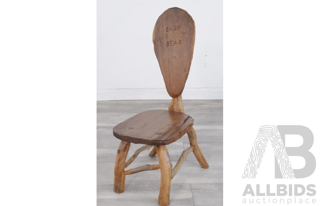 Solid Timber Chair with 'Baby Bear' Carved Into the Back