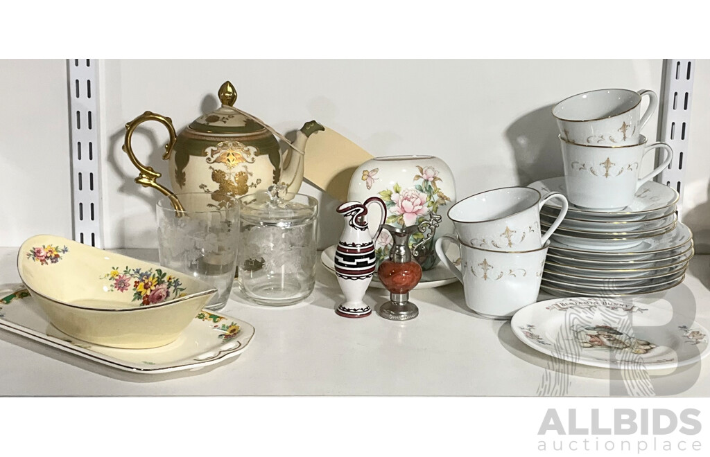 Collection Items Including 14 Piece Noritake Teas Set in Courtney Pattern, Agate Italian Miniature Vase and More