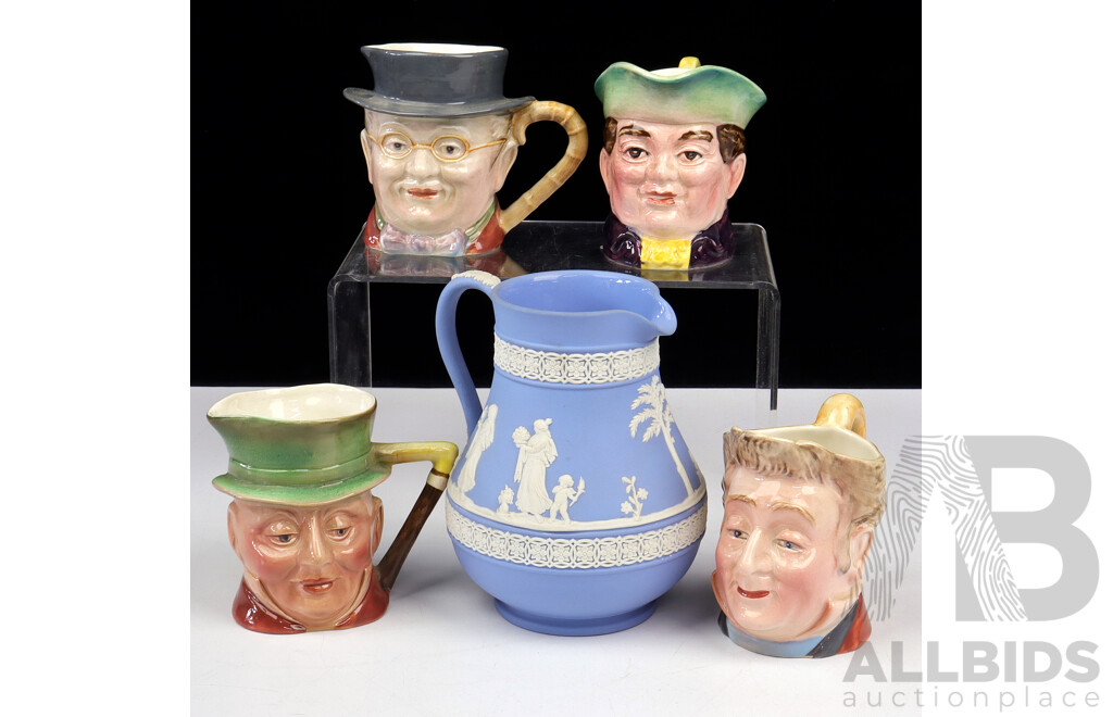 Collection Four Beswick Porcelain Character Jugs Along with Wedgwood Jasperware Jug