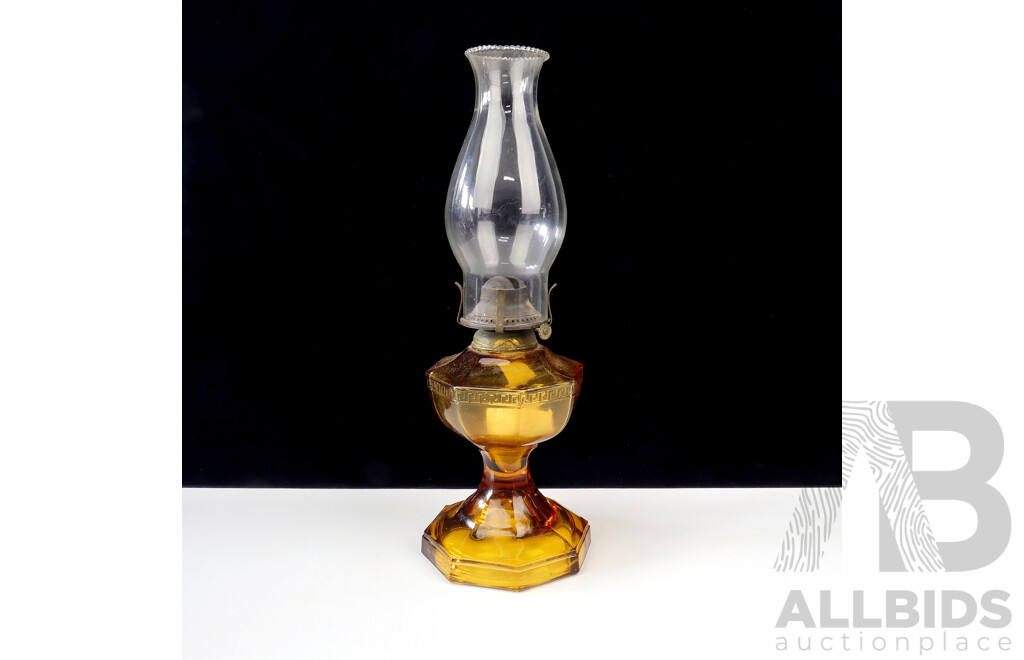 Antique Amber Glass Oil Lamp with Greek Key Pattern to Rim and Including Glass Chimney