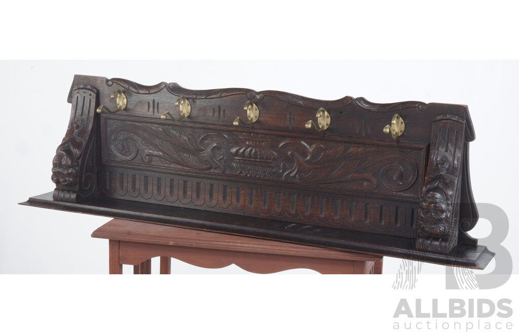 Early 20th Century Carved Oak Wall Coat Rack