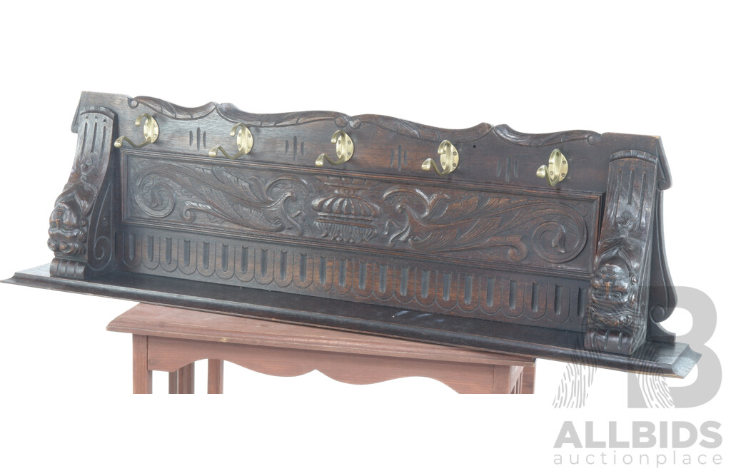 Early 20th Century Carved Oak Wall Coat Rack