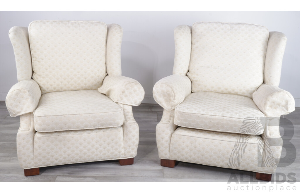 Pair of Wingback Armchairs in Cream Brocade Upholstery