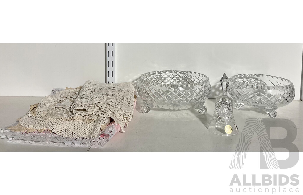 Bohemia Crystal Bell, Two Footed Crystal Bowls and a Selection of Vintage Lace Doleys
