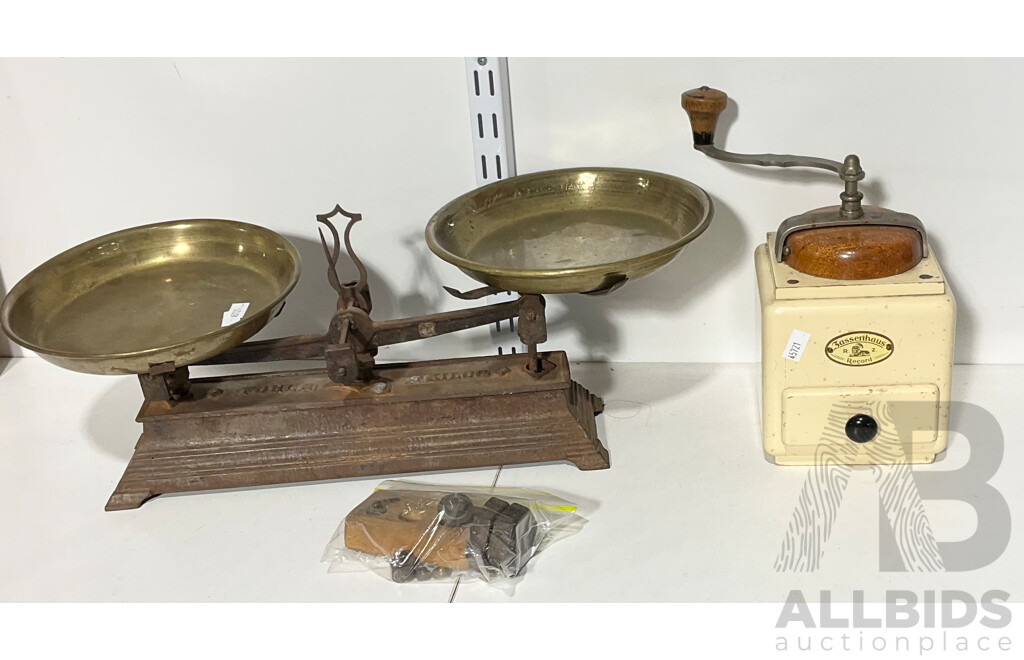 Set Antique Balance Scales with Brass Trays and Some Weights Along with Antique Zassenhaus Cofee Grinder