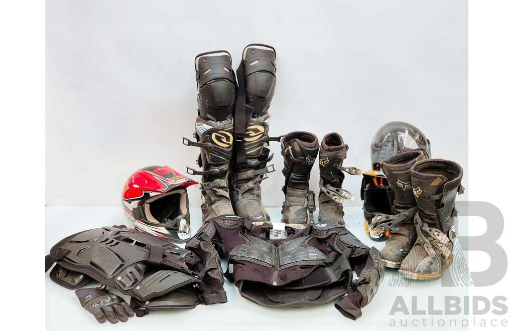 Assorted Lot of Motocross Equipment - Roost Guards, Boots and Helmets