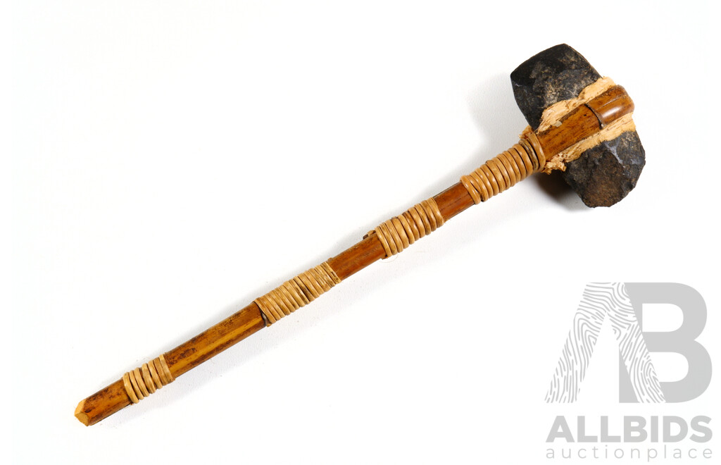 Australian Aboriginal Hatchet, Attributed to Cape York, Stone Head with Paperbark, Resin and Split Cane Handle