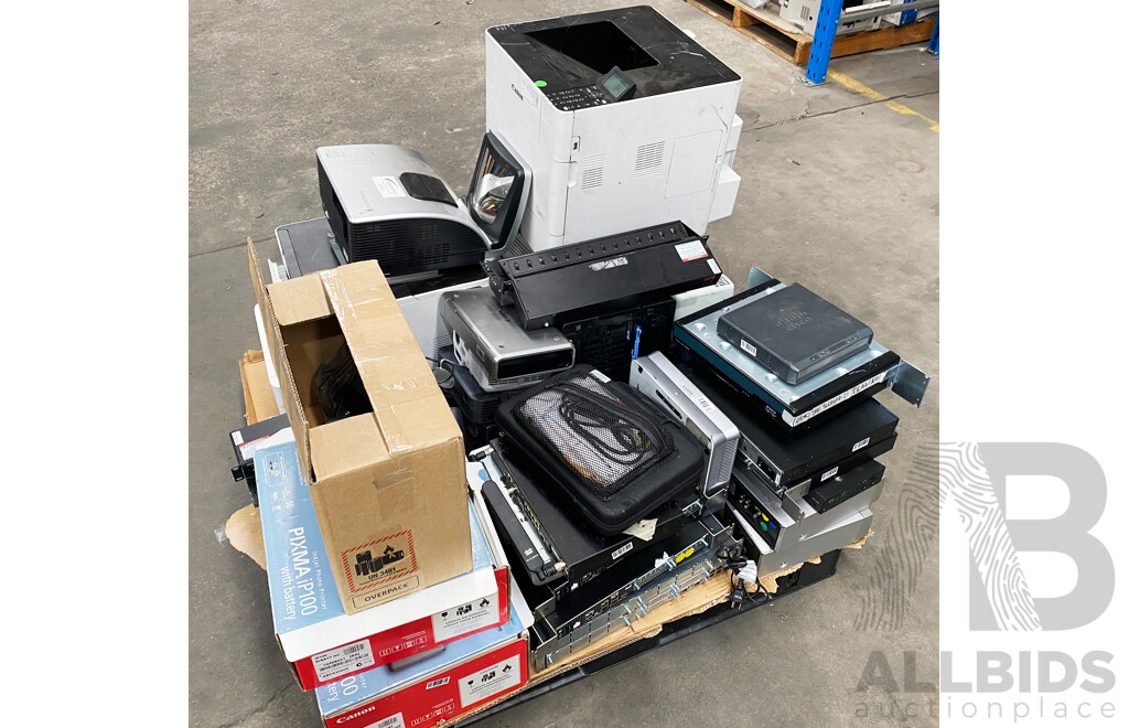 Pallet Lot of Assorted Projectors/Printers/Routers (Epson/Dell/Cisco)