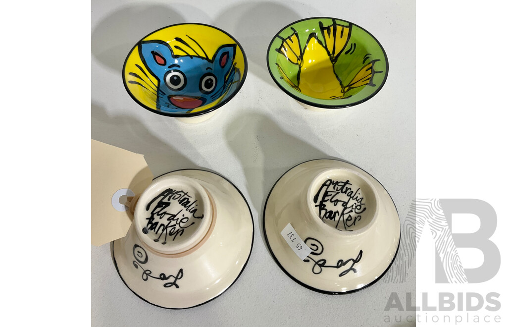 Collection of Four Hand-Painted Ceramic Snack Dishes by Australian Artist Elodie Parker