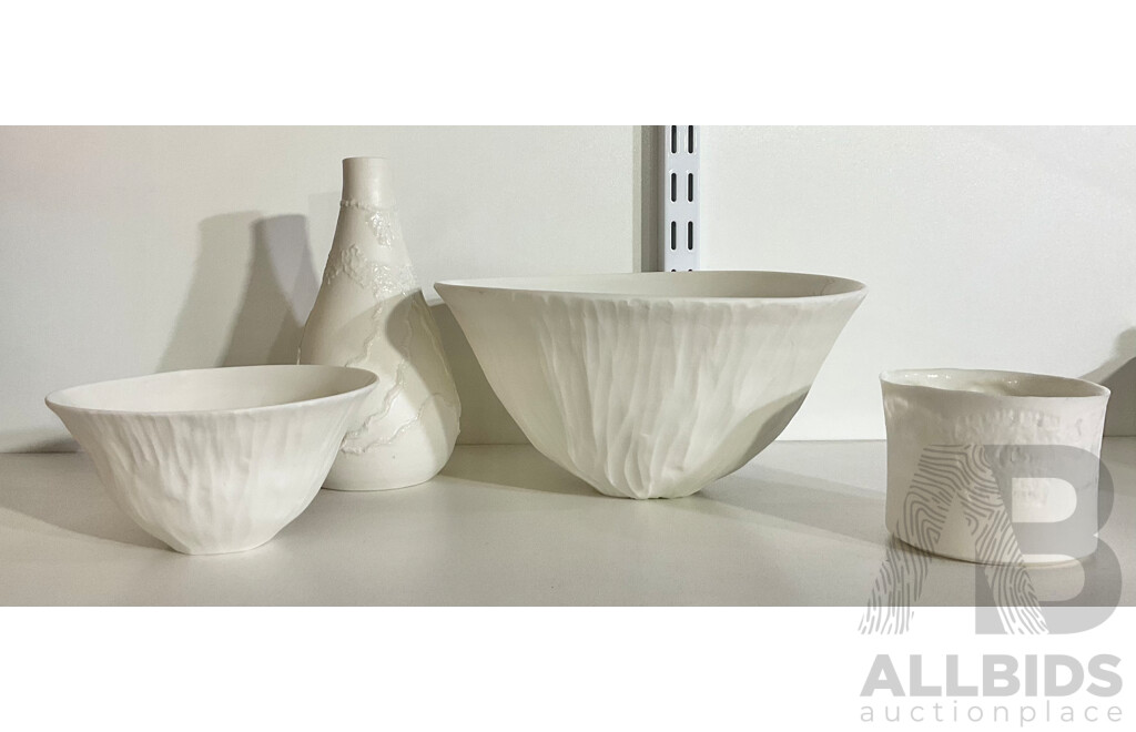 Pair of  Ceramicist ‘Just Jane’ White Porcelain Bowls, Alongside Other Small Dish and Vase