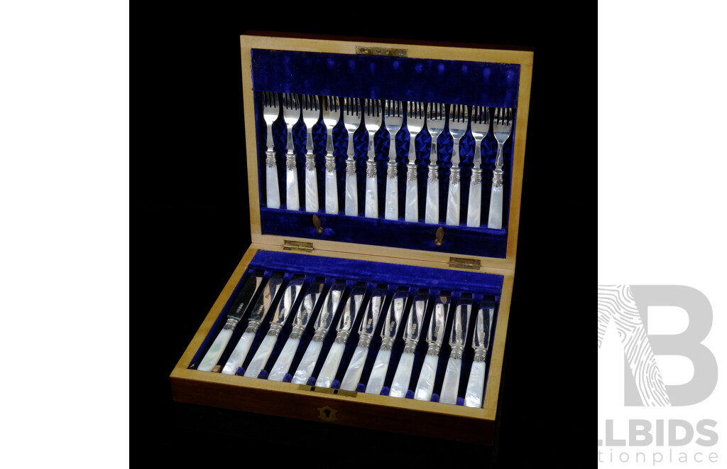 Antique Sterling Silver Fruit Set for 12 with Mother of Pearl Handles, Elkington & Co, Sheffield, 1899, in Wooden Canteen with Brass Shield to Top