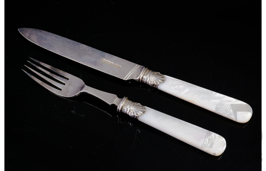 Antique Sterling Silver Fruit Set for 12 with Mother of Pearl Handles, Elkington & Co, Sheffield, 1899, in Wooden Canteen with Brass Shield to Top
