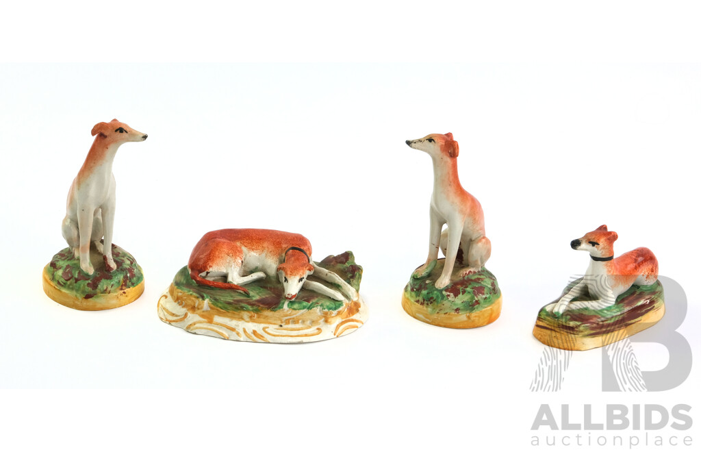 Collection Four Antique Staffordshire Greyhound Figures