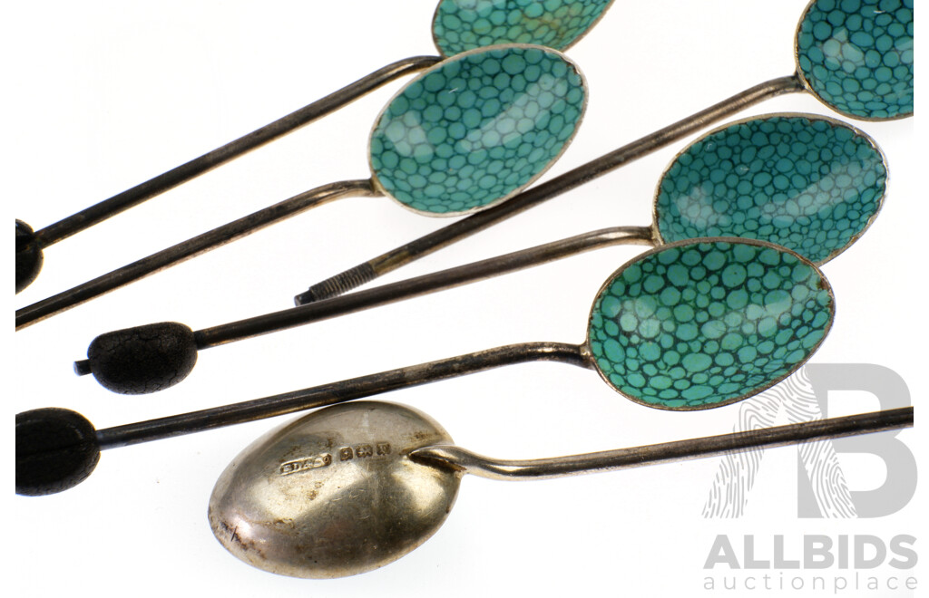 Set Six Antique Sterling Silver Coffee Bean Tea Spoons with Shagreen Finish to Bowls, Birmingham 1931