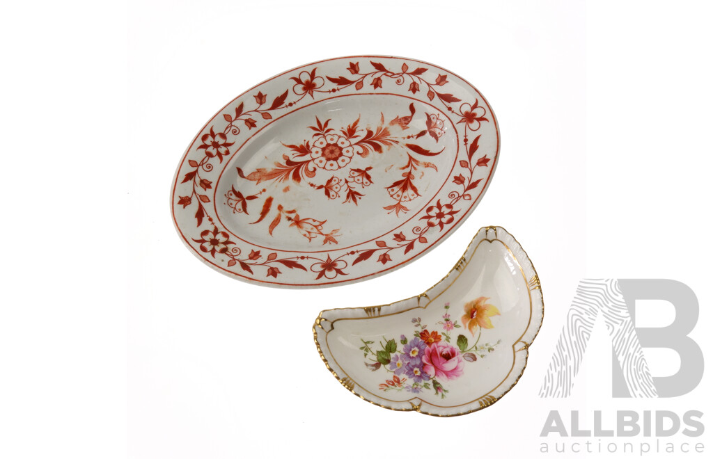 Antique Worcester Porcelain Oval Plate Along with Royal Crown Derby Cescent Shaped Dish, Marks to Base