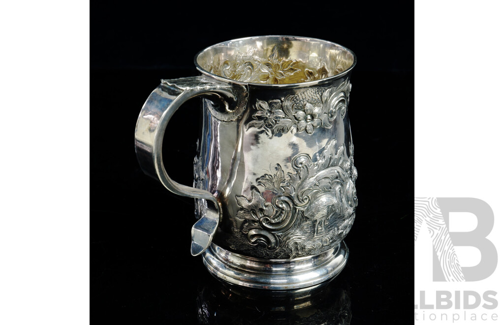 Antique Sterling Silver Tankard with Repoused Avian and Floral Theme, London, 1899, Marks to Base
