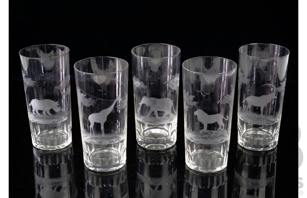 Set Five Glasses From Narobi with Fine Hand Engraved African Savanah Animals Decoration
