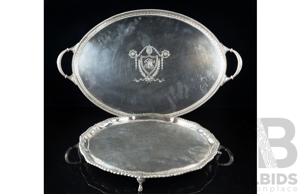 Two Antique Silver Plate Trays Including Oval Mapin Brothers Queens PLate Example with Monogram