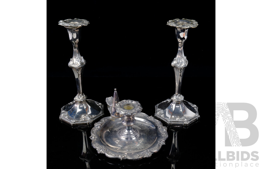 Pair Antique Silver Plate Candle Holders Along with Silver Plate Candle Holder