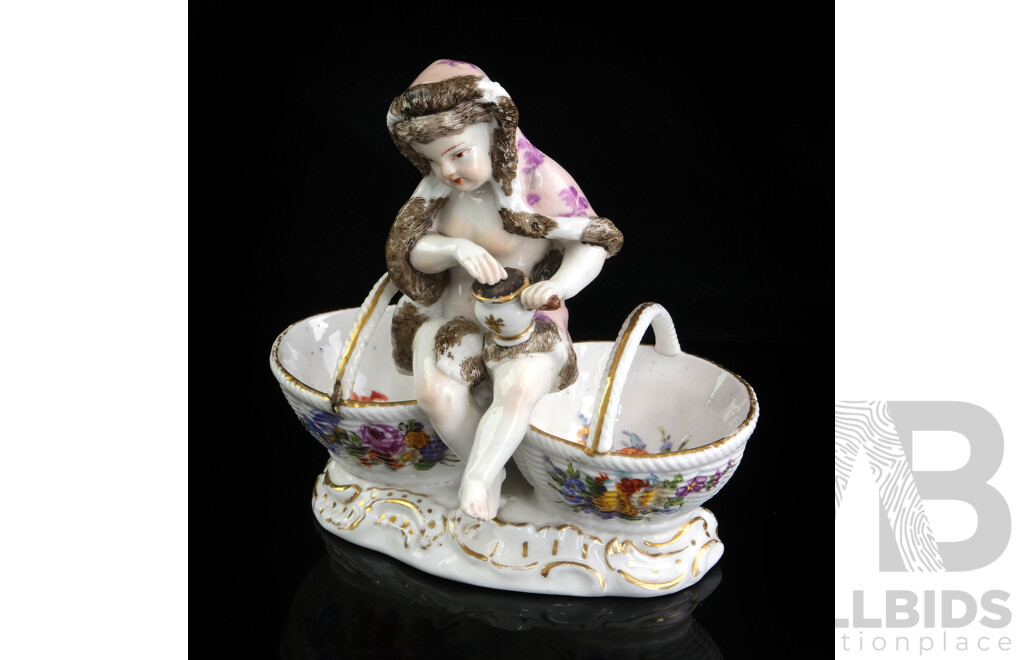 Antique Dresden Porcelain Infant on Twin Basket Figure, Marks to Base