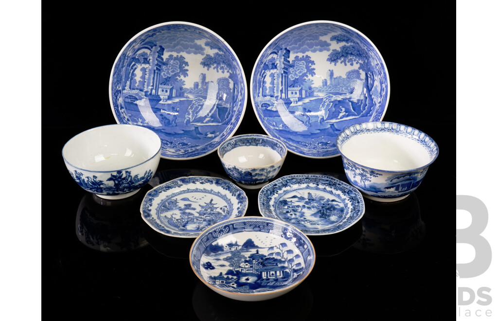 Collection Eight Pieces Antique Blue and White Porcelain INcluding Two Large Copeland Spode Italian Bowls