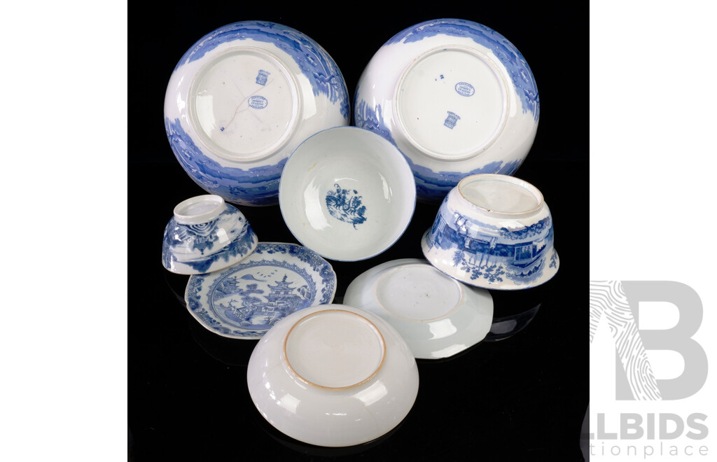 Collection Eight Pieces Antique Blue and White Porcelain INcluding Two Large Copeland Spode Italian Bowls