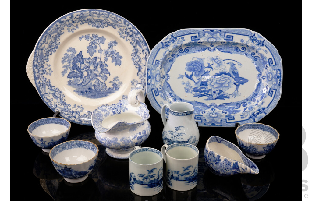 Collection Ten Pieces Antique Blue and White Porcelain Including Claremont Jug with Fluted Edge, Ironstone Oval Platter and More