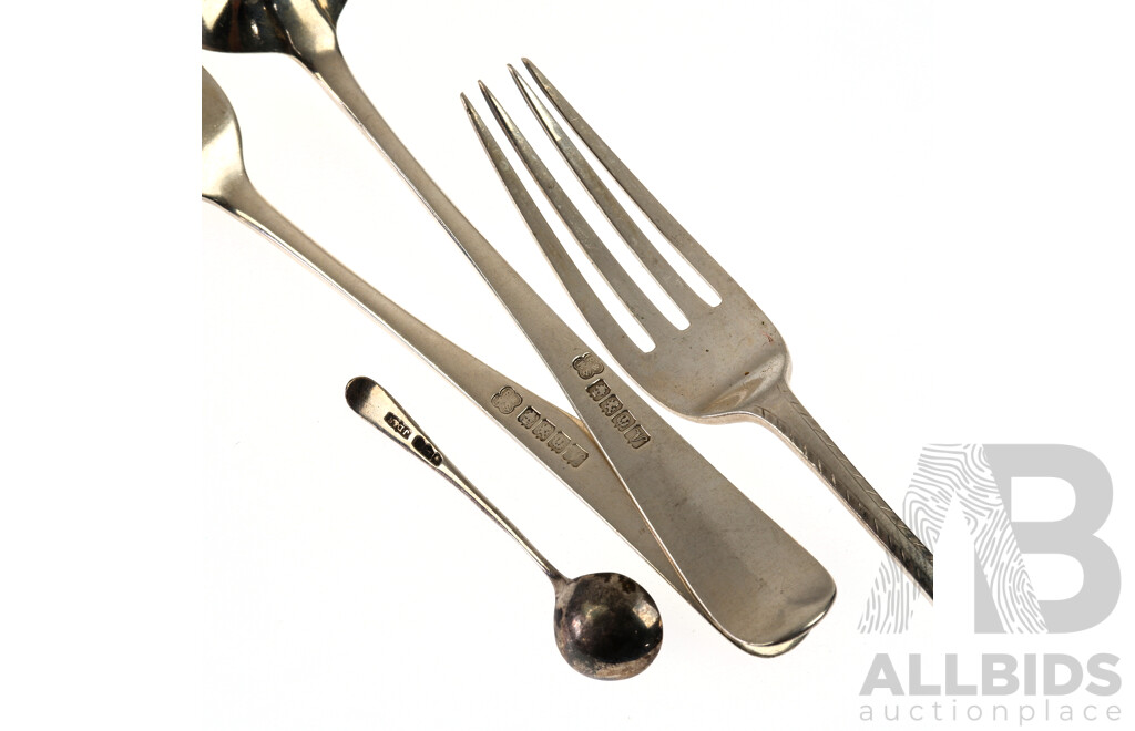 Collection Four Pieces Sterling Silver Including Two Table Forks and One Spoon, Edinburgh 1951 and Salt Spoon, Sheffield 1918