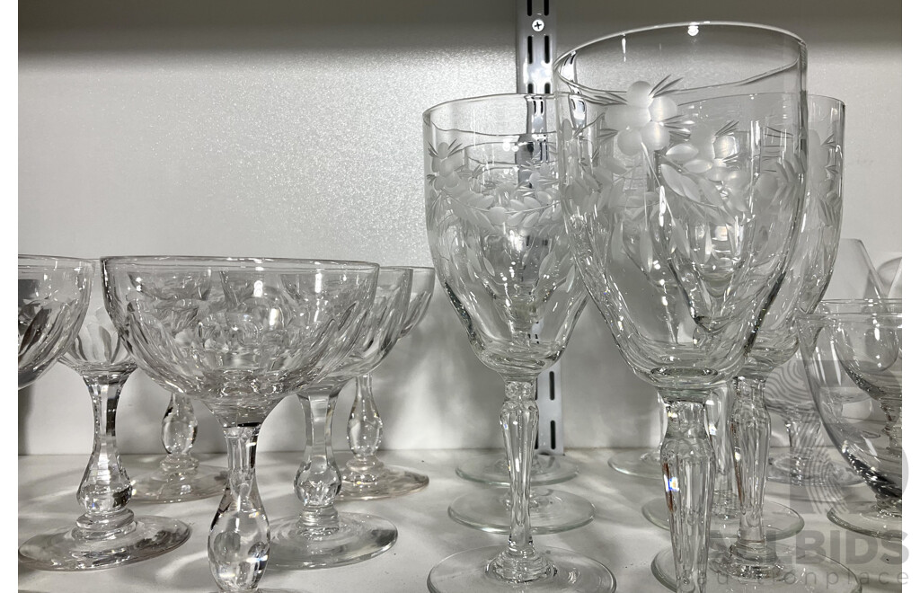 Collection Vintage Crystal Stemware Including Set Seven Wine Glasses with Etched Grape Motif Detail