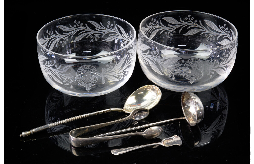 Two Vintage Glass Bowls with Engraved Decoration and Motto Along with Four Silver Plate Items Including Two Antique Toddy Ladles