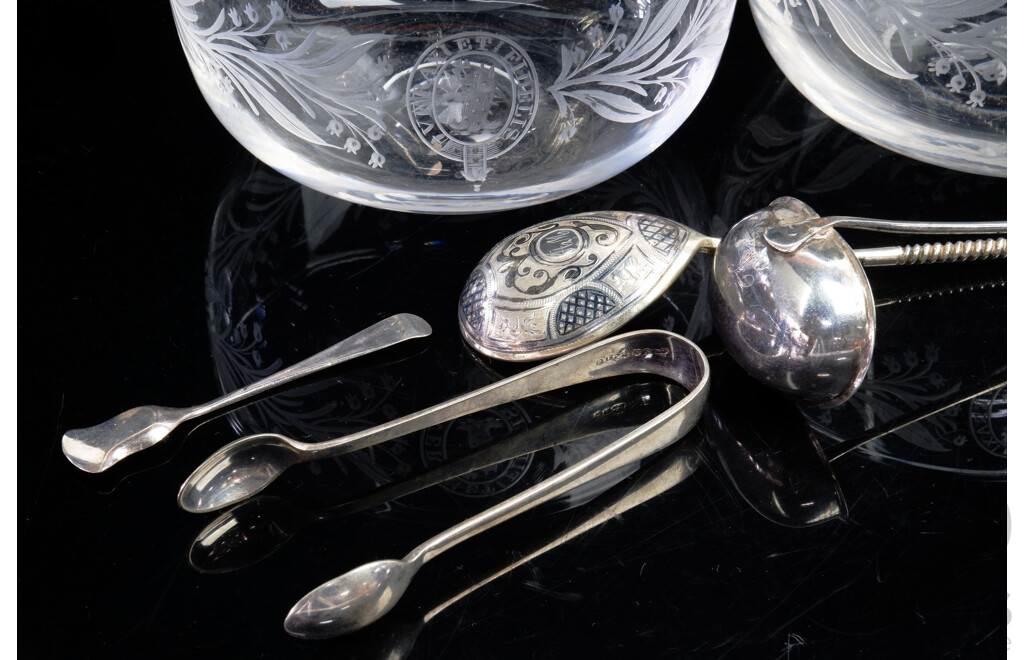 Two Vintage Glass Bowls with Engraved Decoration and Motto Along with Four Silver Plate Items Including Two Antique Toddy Ladles
