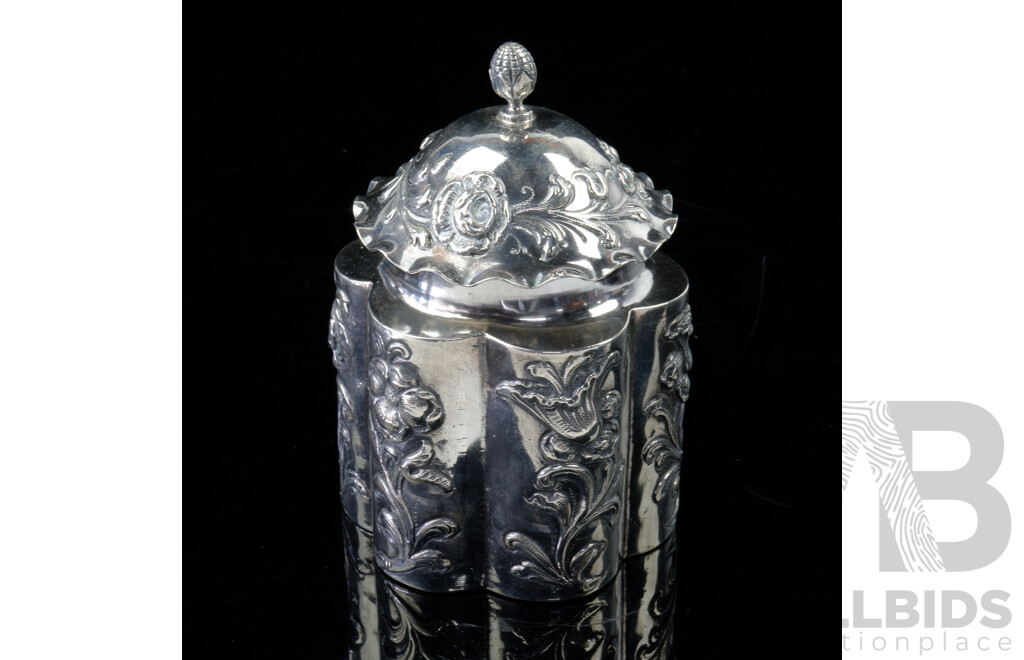 Antique Sterling Silver Lidded Six Lobed Vessel with Repousse Decoration, Stamped with Hong Kong 930 Silver Marks and English London Assay MArks, 1901