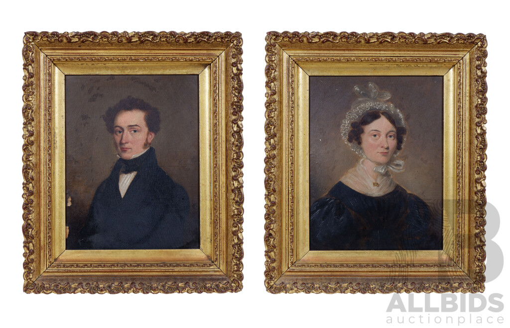 Antique Pair of 19th Century British Portraits, Oil on Card (2)