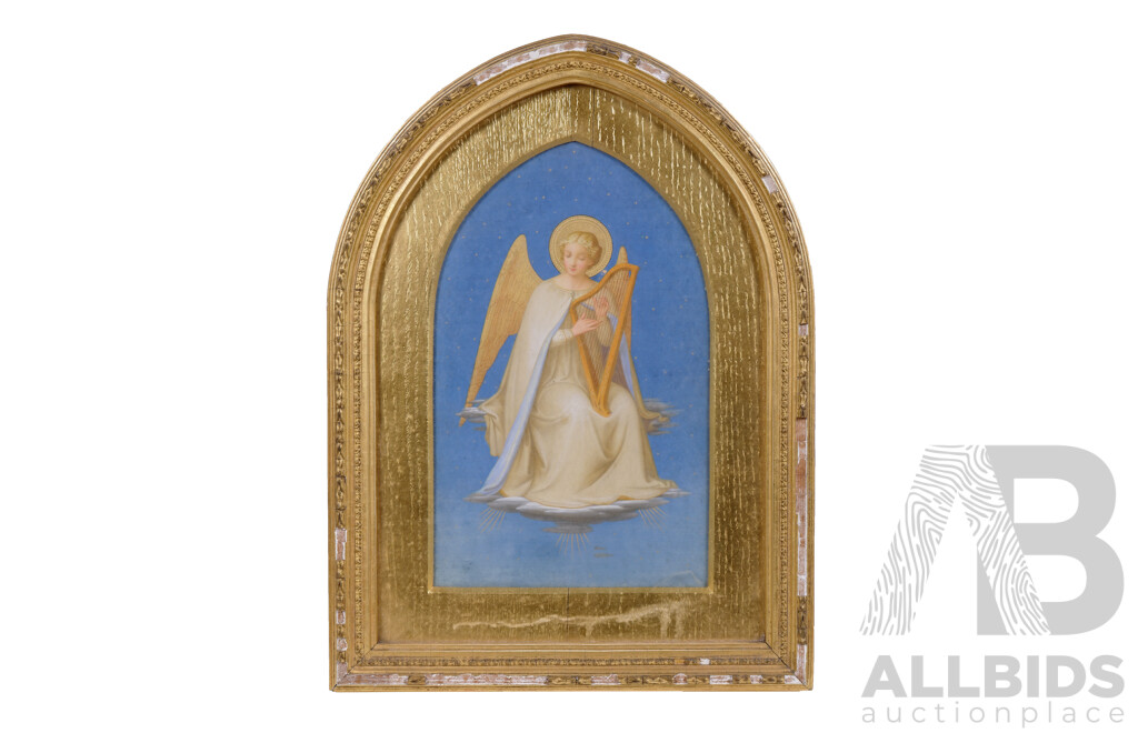 After Fra Angelico (1395-1455, Italian), Angel Playing Harp, Oil & Gilt on Card