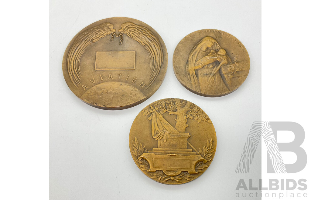 Three Bronze Medallions Including Aviation, Va Fils Patria and 1914 Pour La Patrie Vivant Souvenir