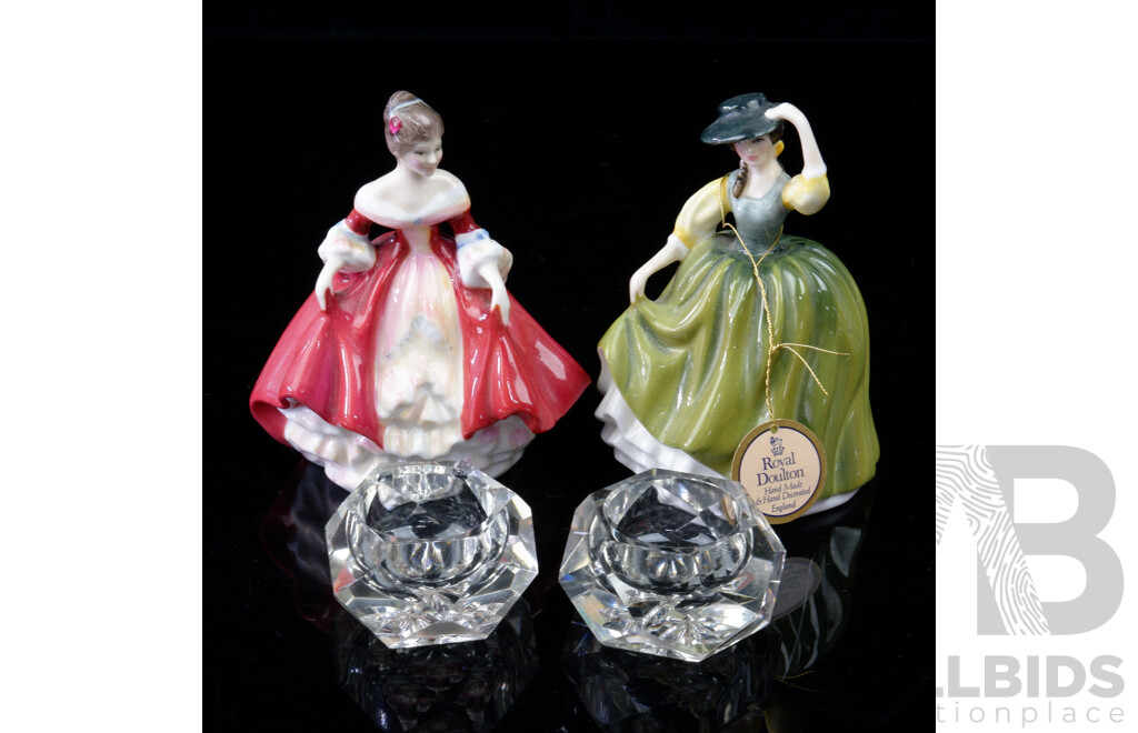 Two Royal Doulton Porcelain Ladies Comprising Buttercup & Southern Belle Along with Pair Crystal Salt & Pepper Cellars